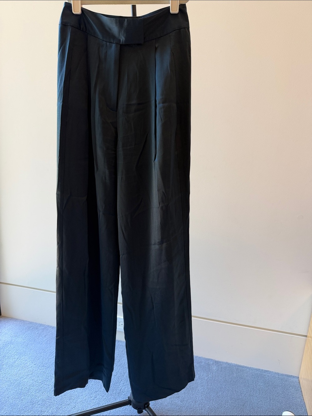 Dark Teal Wide-Leg Silk Trousers with High Waist